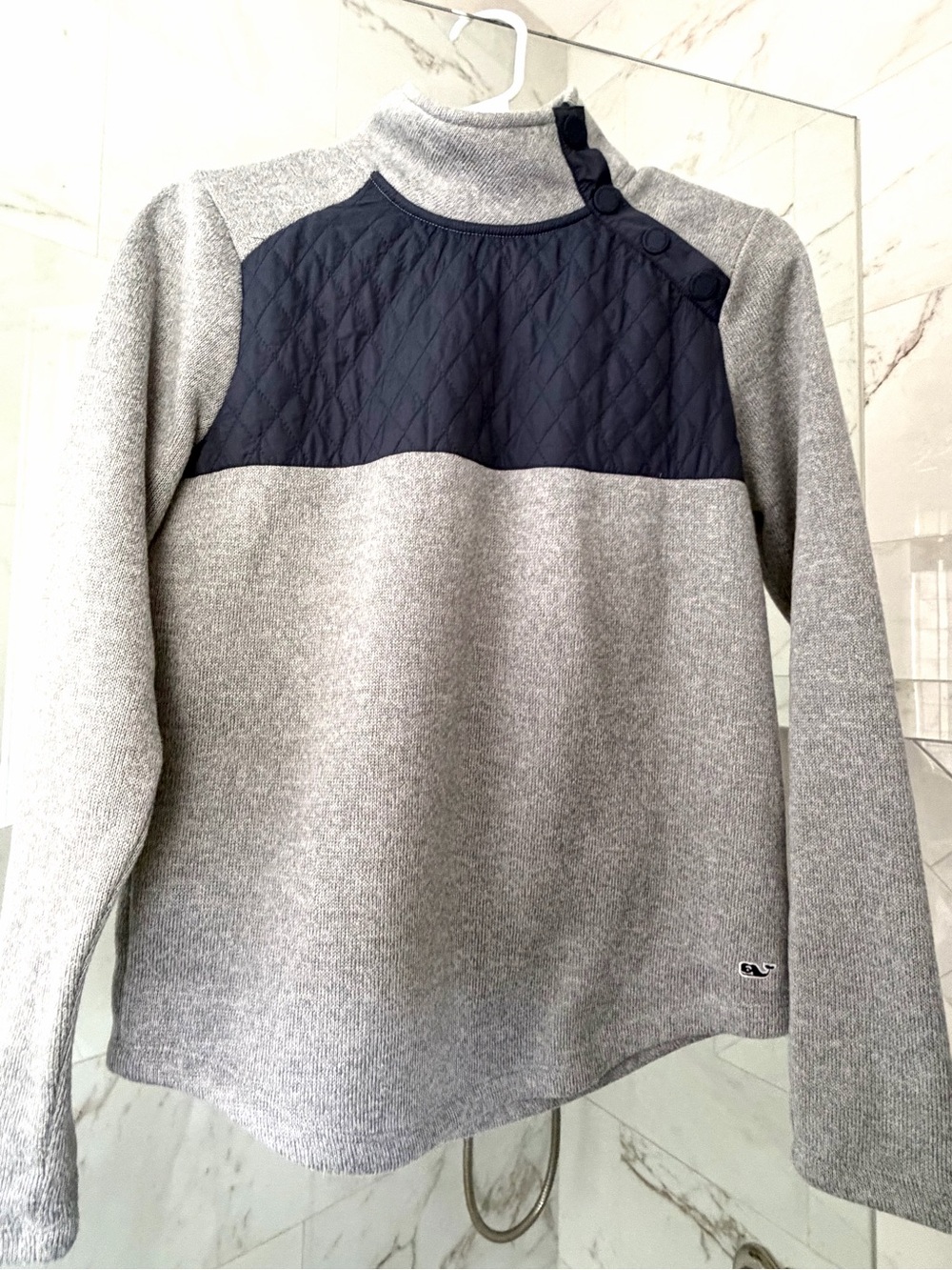 Vineyard Vines Grey and Navy Quilted Yoke Mock Neck Sweater